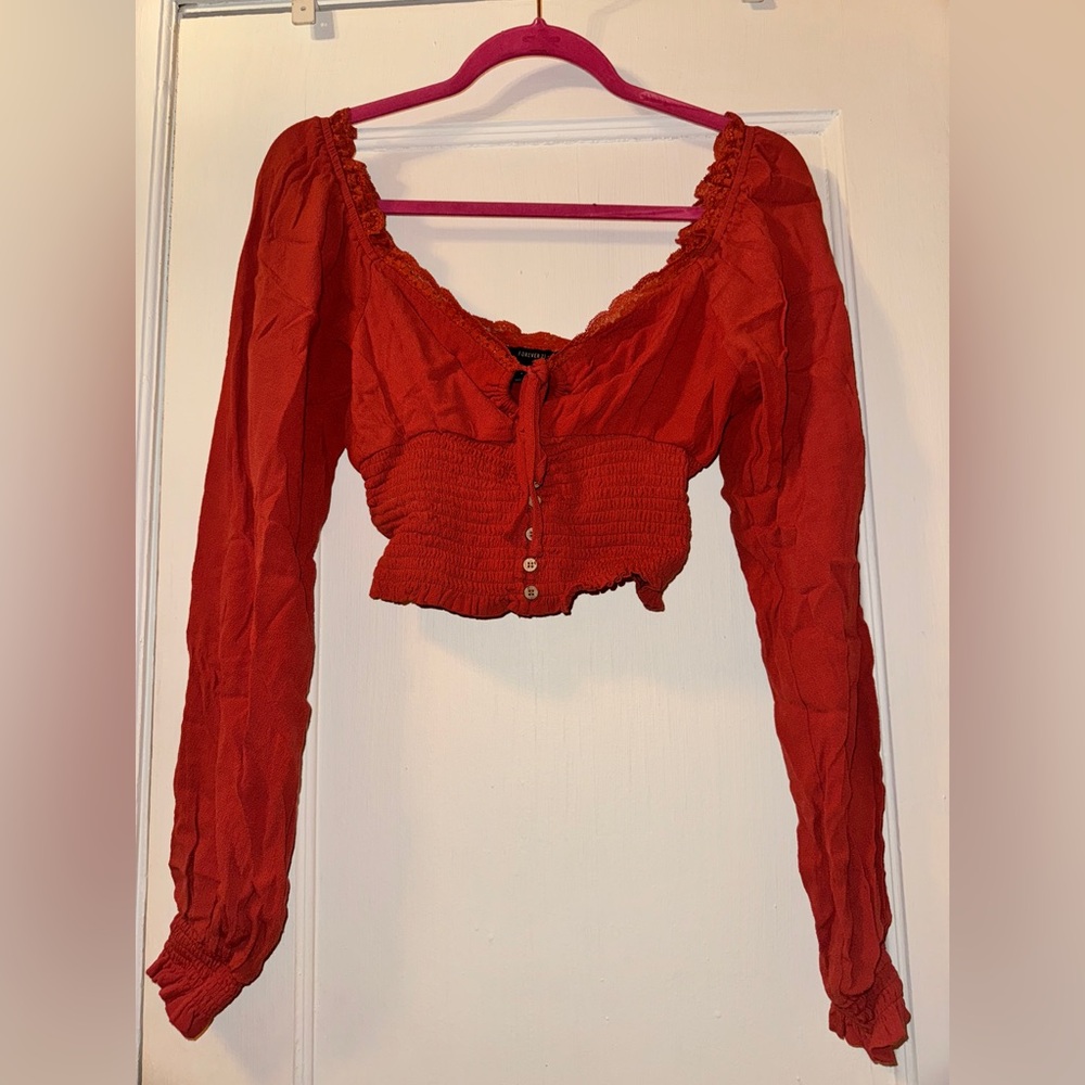 Forever 21 Size Large Orange/Red Long-Sleeve Smocked Crop Top